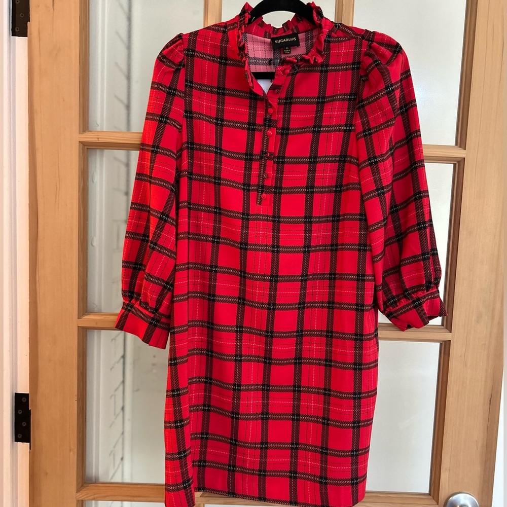 BRAND NEW WITH TAGS Sugarlips Red Plaid Shift Dress XS